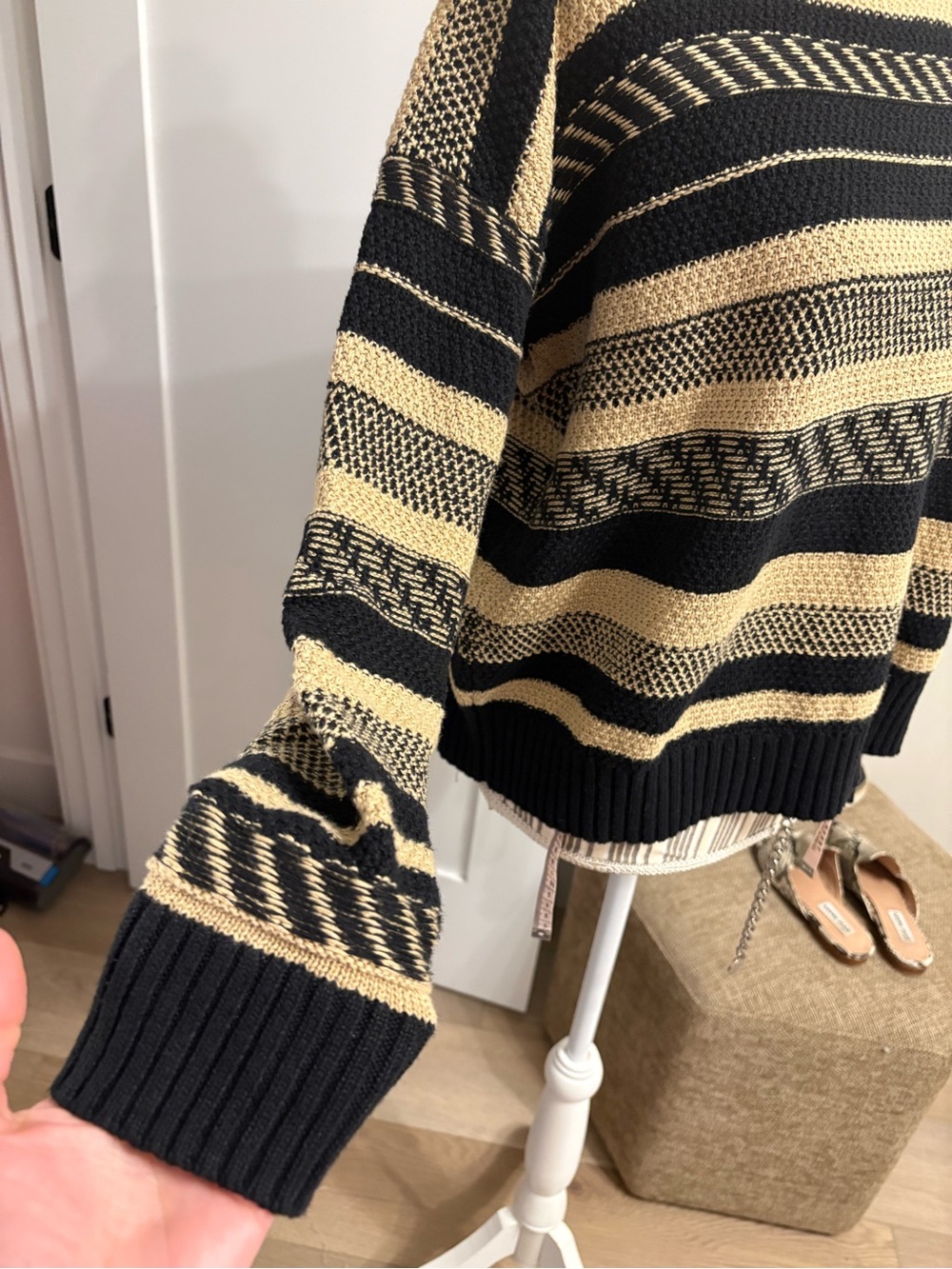 Womens Lauren ralph lauren Striped Knit Sweater Black and Beige sz S linen blend - Picture 2 of 11